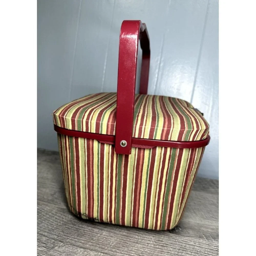 Vintage 70s Sewing Box Carrying Wood Handle Removable Plastic Tray & Extras Lot - Picture 15 of 16